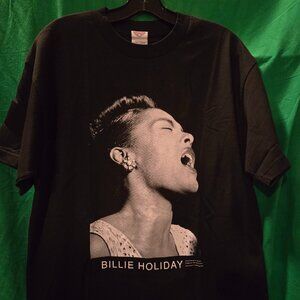 Vintage Mens Billie Holiday Crew Neck T-Shirt Jazz Icon Single Stitch Sz L Black